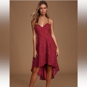 Lulu’s So Adored Burgundy Crochet Lace Sleeveless High-Low Dress